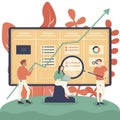 Online kanban board app. Illustration of big computer and programmer team moving cards on electronic kanban task board