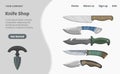 Online knife shop landing page concept flat vector illustration. Internet store, hunting bladed cold weapon. Press get