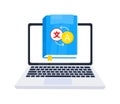 Online language course, digital translation service concept, laptop translating document, foreign languages learning app