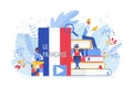 Online language courses flat vector illustration. Distance education, remote school, France university lessons. French