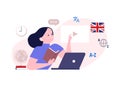 Online Language School and Courses flat vector illustration. Woman watching a lesson on the website learn English Foreign language Royalty Free Stock Photo