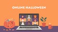 Online Halloween party concept, group of people in horror costumes meeting together via video conference