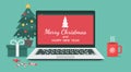 Laptop with merry Christmas and happy new year lettering for online celebration holiday