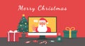 Santa Claus hand greeting via video calling on the computer