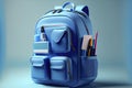 Online learning concept Blue backpack with school supplies 3d render on blue gradient