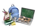 Online learning concept Blue backpack with school supplies and laptop 3d render on white Royalty Free Stock Photo