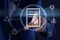 Online learning concept. Man touching diploma illustration on virtual screen, closeup Royalty Free Stock Photo