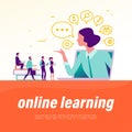 Online learning concept. People with device at laptop, lady teacher metaphor, video, social media, communication icons. Royalty Free Stock Photo