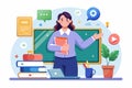Online learning concept showcasing a female teacher engaging students with books and digital tools in a vibrant classroom setting Royalty Free Stock Photo