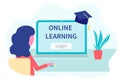 Online Learning, distance education concept. Training and courses. Woman student studies courses on a website in a laptop. Vector