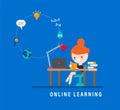 Online learning. E-learning concept for distance education. Smiling girl reading book on her desk. Vector cartoon character Royalty Free Stock Photo