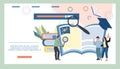 Online learning and elearning banner with tiny people and books. T