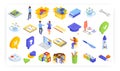 Online kids learning games, vector isometric icon set. Trivia quiz, word search puzzles, assembling pictures of animals.