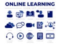 Online Learning Icon Set. Professor, Online Course, Webinar, Presentation, E-Book, Cloud, Chat, Videos, Test, Networking, Customer Royalty Free Stock Photo