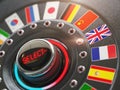 Online learning language or choice language on the web site concept. Online translator. Switch knob button with flags. Royalty Free Stock Photo