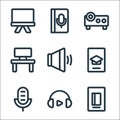 Online learning line icons. linear set. quality vector line set such as ebook, headphone, microphone, smartphone, speaker, desktop