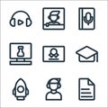 online learning line icons. linear set. quality vector line set such as file, listening, rocket, mortarboard, certificate,