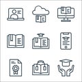 Online learning line icons. linear set. quality vector line set such as scholarship, audio book, certificate, online learning,