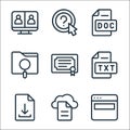 Online learning line icons. linear set. quality vector line set such as website, cloud, file, text file, diploma, searching, word