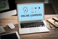 ONLINE LEARNING man hand on table Business Learning Global Connectivity