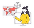 Online Learning with Woman Instructor from Computer Pointing at Globe Map Teaching Geography Engaged in Virtual Classes