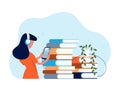 Online library. Audio books, girl in headphones listen book with smartphone. Literature new format, radio podcast vector