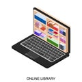 Online library. Black laptop with bookshelves. Royalty Free Stock Photo
