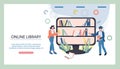Online library and online bookstore banner with people receiving books from bookshelves
