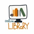 Online library. Computer monitor with books on screen. Electronic knowledge, reading and downloading book online, e-learning for