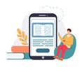 Online library, ebook reading, studying in internet. Man sitting on chair and holding smartphone with textbook. E