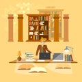 Online library education concept bookcases librarian Royalty Free Stock Photo