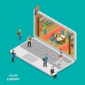 Online library flat isometric vector concept.