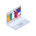 Online library isometric concept. 3d books on the computer screen. Royalty Free Stock Photo