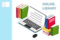 Online library isometric concept. Online library isometric design with books. Technology and literature, digital culture on media Royalty Free Stock Photo