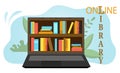 Online library isometric concept. Library that looks like laptop. Education, reading, learning online. Flat style Royalty Free Stock Photo