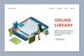 Online library landing page. Isometric books and reading girl vector illustration. Library in smartphone Royalty Free Stock Photo