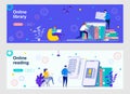 Online library landing page with people characters. E-library mobile application, online education and knowledges web banners set Royalty Free Stock Photo