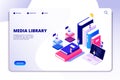 Online library landing page. Students in bibliotheque, academic books. Ebook reading technology education vector Royalty Free Stock Photo