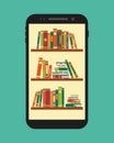 Online library in mobile. Vector ebooks stand on bookshelf in application of phone. Electronic reading concept. Elearning design