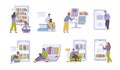 online library with people concept. cartoon characters reading paper books and online, listening audio books. vector Royalty Free Stock Photo