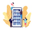 Online library. People reading books. Vector smartphone with reader app. Online book store, library and education flat