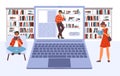 Online library vector concept. Students reading, boy with book on computer screen. Geek education, teens read books. Web