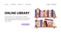 Online library website design. Digital catalog, book shelf homepage. Landing page template , user interface for reading