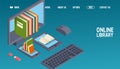 Online library website design, read books on computer, phone, tablet, vector illustration