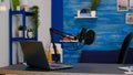 Online live podcast studio desk with microphone in home studio Royalty Free Stock Photo