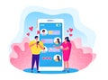 Online love chat vector illustration, cartoon flat tiny man woman lover characters chatting, using app smartphone for