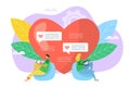 Online love communication, dating in social network vector illustration, Man woman near huge heart symbol, people have Royalty Free Stock Photo