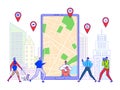 Online map navigation app concept, tiny people cartoon characters, vector illustration