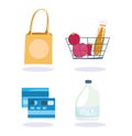 Online market, basket bank card milk and bag, food delivery in grocery store