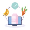 Online market, computer milk fruit vegetable check mark, food grocery shop home delivery